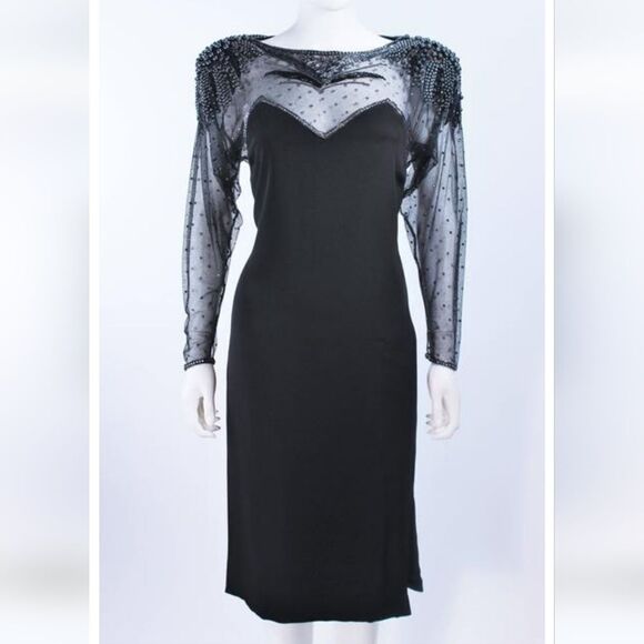 Vintage Frank Composto womens black sheer beaded cocktail formal dress Size 8 - Picture 1 of 13